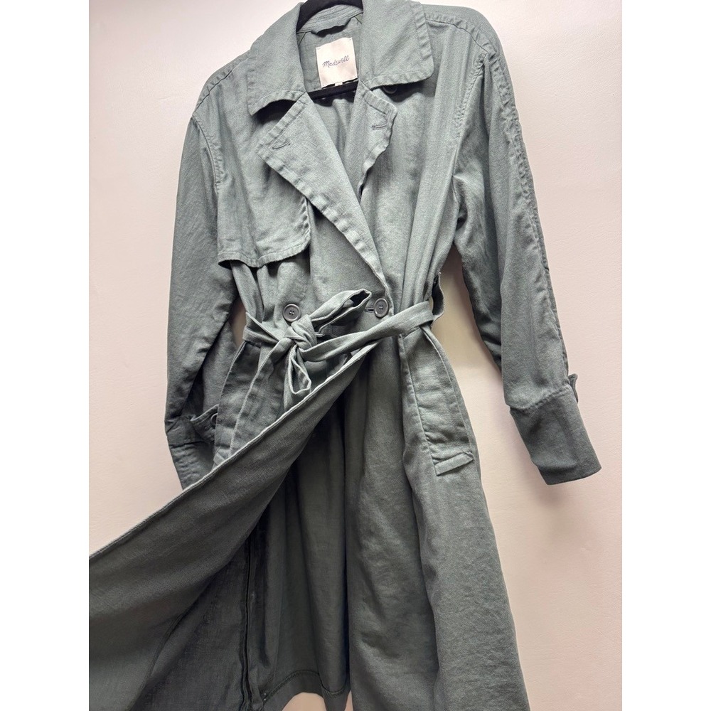 Madewell Trench Coat Womens M Green Linen Cotton Blend Belted Drapey Long Jacket - Picture 3 of 6